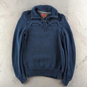 Tommy Hilfiger 1/4 Zip Sweater Mens Large Blue Mock Neck Cable‎ Knit Red Label